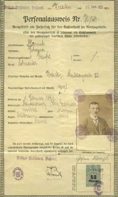 Ausweis von Johann Harnos, ausgestellt 1920